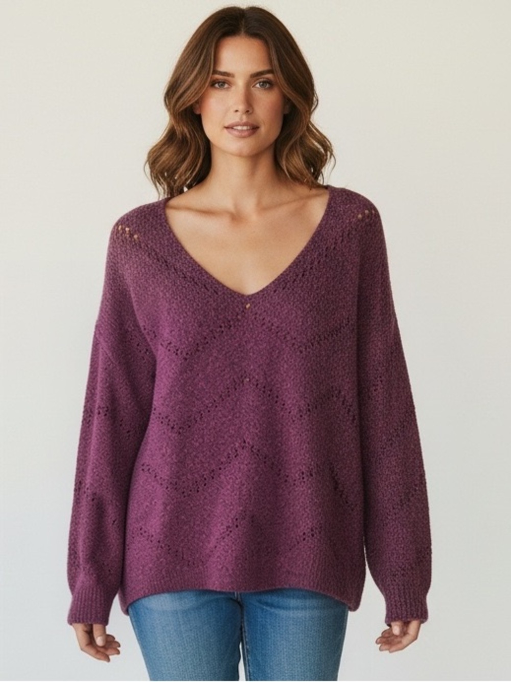 Women’s V-Neck Openwork Sweater in Plum